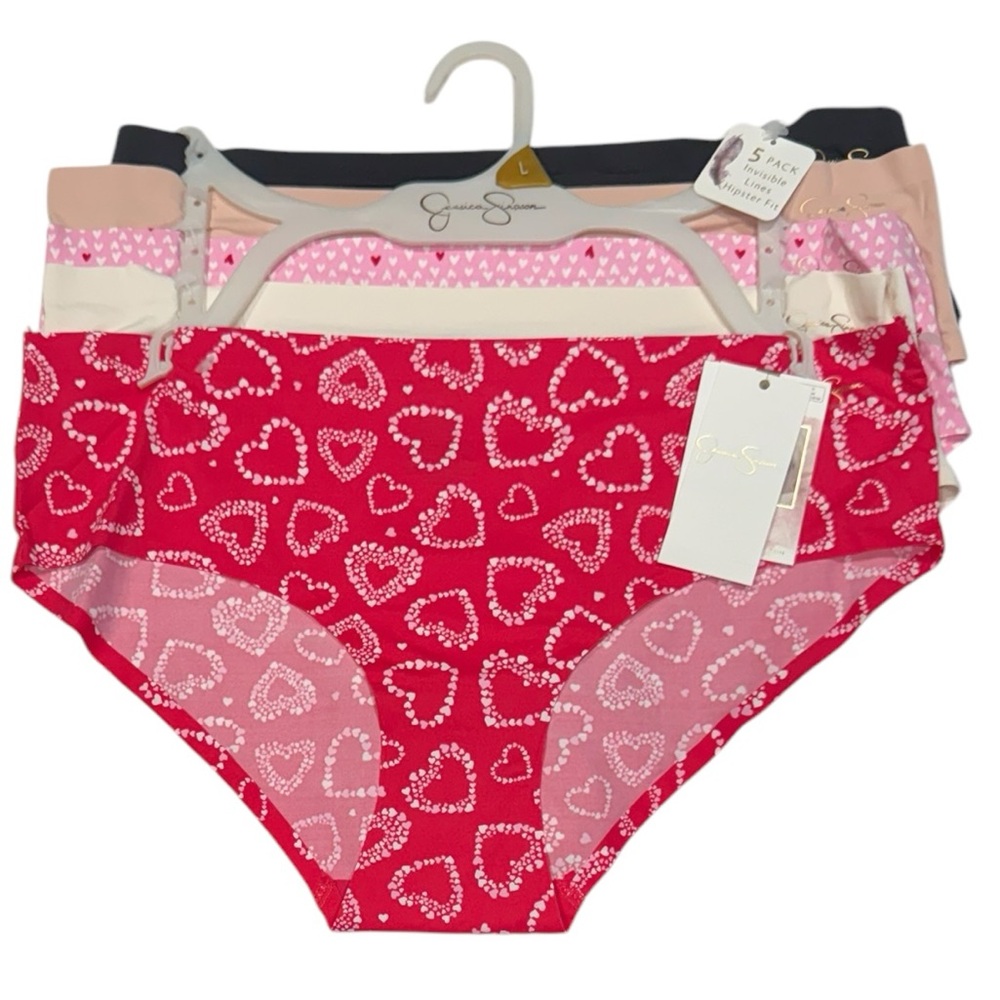 JESSICA SIMPSON 5 pack Panties Invisible Lines Hipster Fit Red Hearts NWT Large